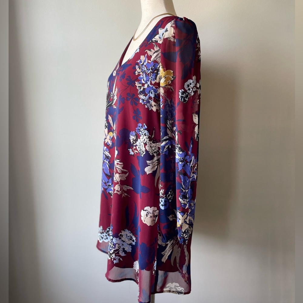 Peppermint | Long-Sleeve Boho Mini Dress | Maroon & Navy Floral | Small - Picture 3 of 6